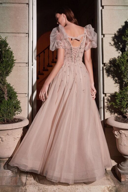 LaDivine Dress B711 A-line Sheer Puff Sleeve Formal Gown