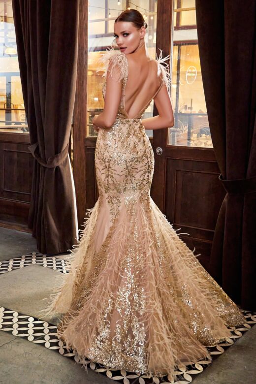 LaDivine Dress C57 V-Back Feather Godet Skirt Formal Gown