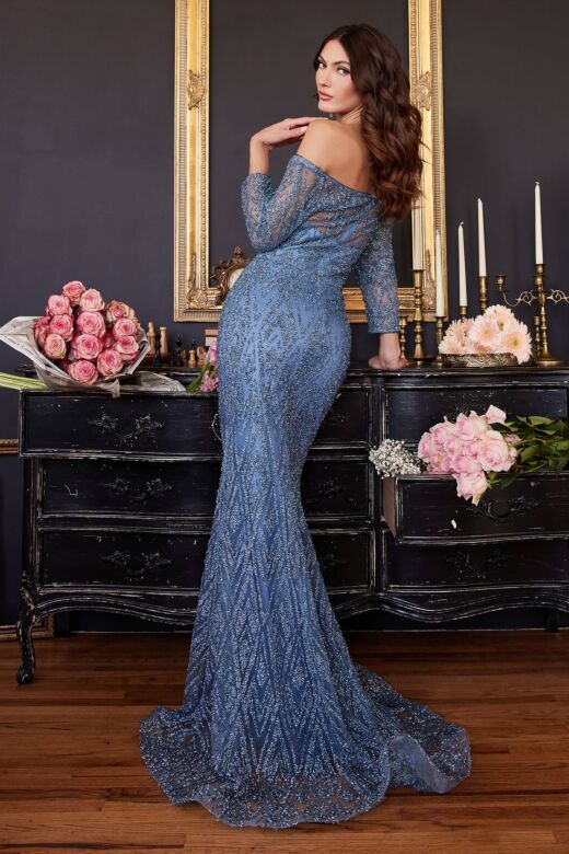 LaDivine Dress CB118 Straight Neck Illusion Sleeve Evening Dress