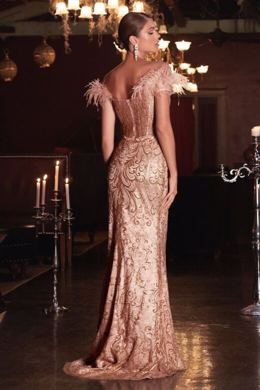 LaDivine Dress J824 Corset Bodice Feather Mother Of The Bride Dress