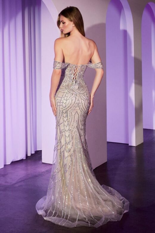 LaDivine CC0689 Plunging Neck Off-The-Shoulder Embellished Dress
