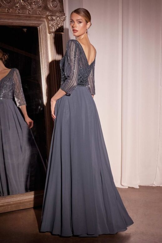 Ladivine CC446 Beaded Bodice A-Line Plunging Neck Dress