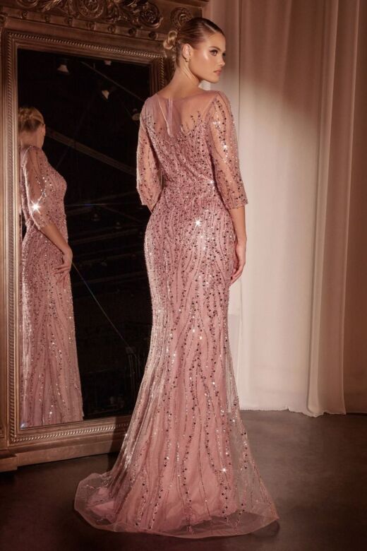 Ladivine CD0105 Bateau Neck Illusion Sleeve Beaded Dress