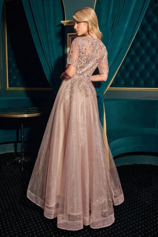 LaDivine CD726 Short Sleeve A-Line Lace Applique Dress