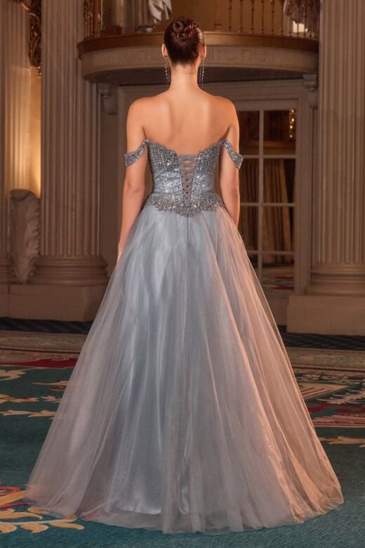 LaDivine CC471 Beaded Corset Bodice Off-The-Shoulder Dress