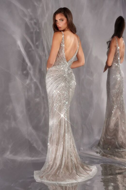 LaDivine CC498 Fitted Spaghetti Strap Side Slit Beaded Dress