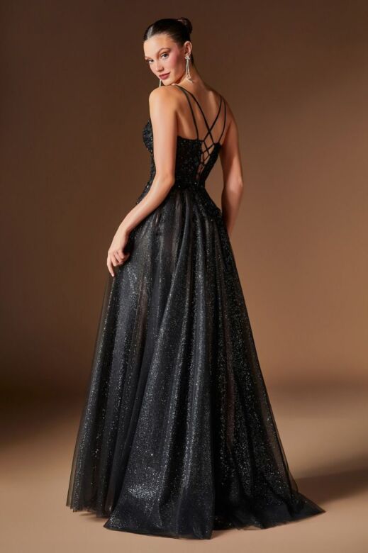 LaDivine CD2412 V-Neck High Slit A-Line Dress