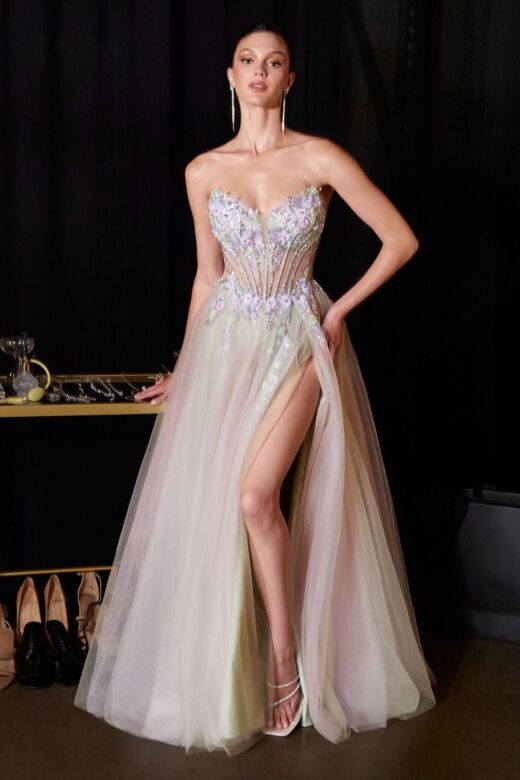 LaDivine CD2418 Sweetheart Neck High Slit A-Line Dress