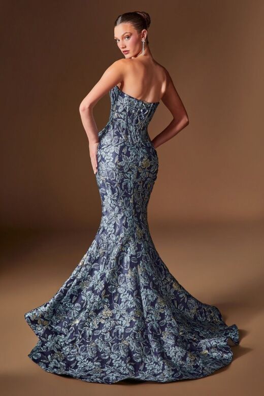LaDivine CD655 Strapless Corset Bodice Navy Mermaid Dress