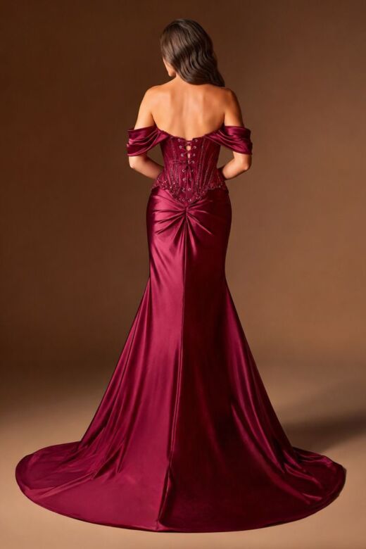 LaDivine CD656 Side Slit Burgundy Off The Shoulder Dress