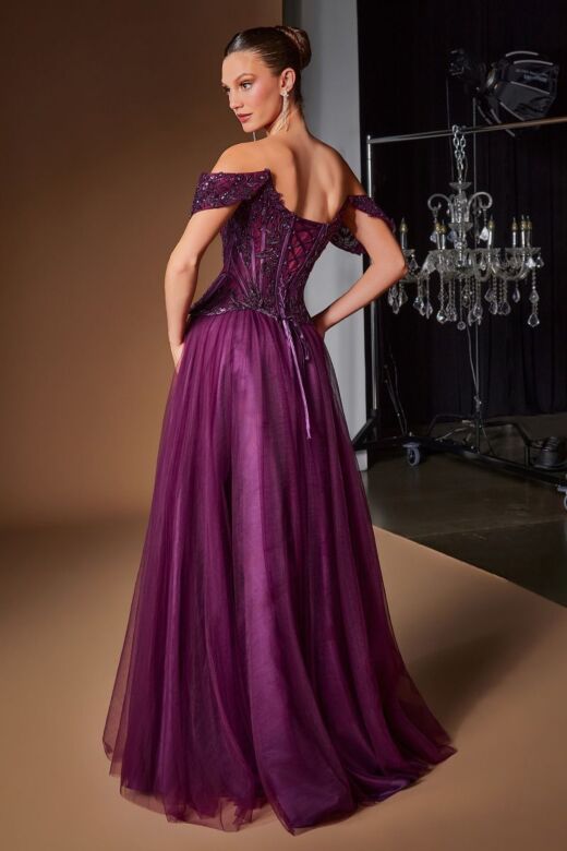 LaDivine CD657 Off The Shoulder Corset Bodice Eggplant Dress