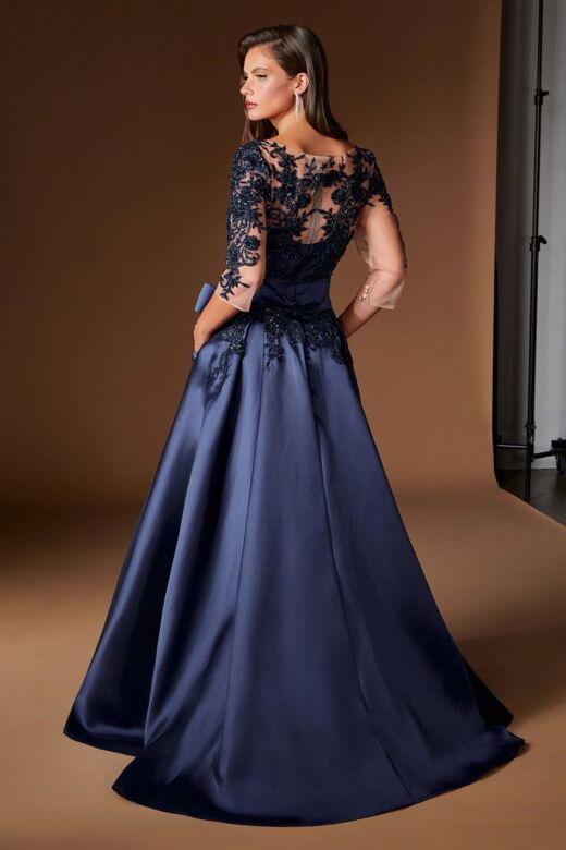 LaDivine CDS569 Bateau Neck Mikado Illusion Sleeve Dress