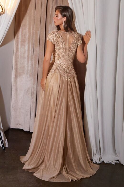 LaDivine CL11 Sheer Bateau Neck Gold Cap Sleeve Dress