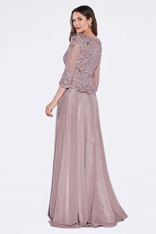 LaDivine 14327 Three-Quarter Sleeve Lace Bodice Dress