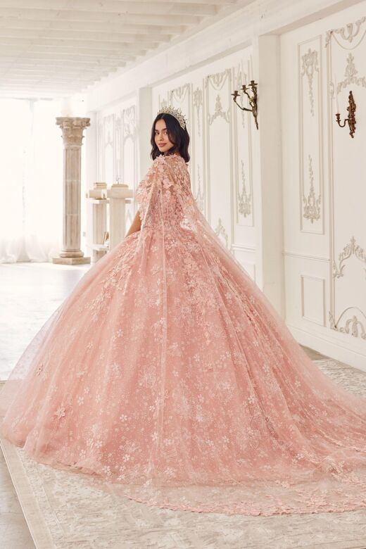 LaDivine 15719 Cape Train Floral Glitter Quinceanera Dress