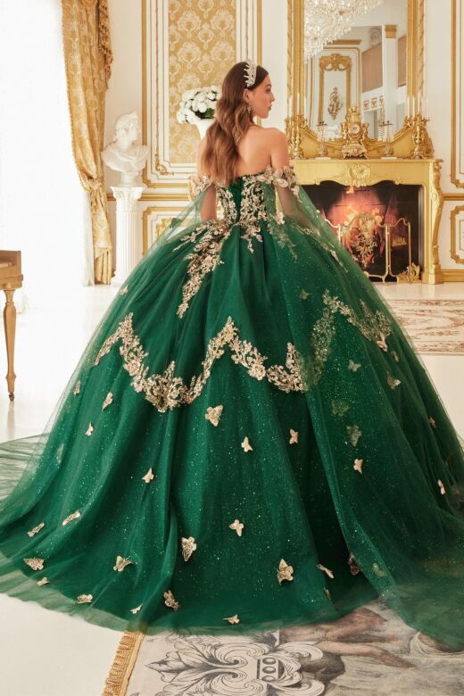 LaDivine 15721 Cape Sleeve Scallop Overlay Dress