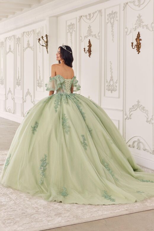 LaDivine 15725 Flutter Sleeves Sheer Corset Quinceanera Dress