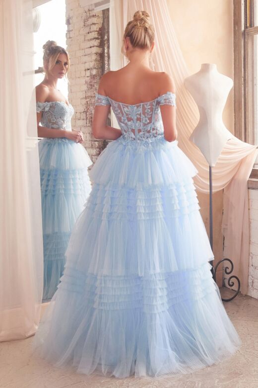 LaDivine 9315 Off-The-Shoulder Tiered Skirt Dress