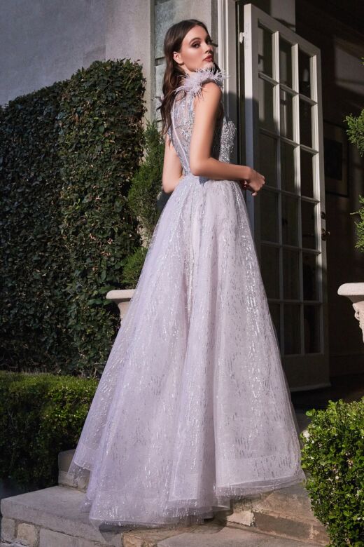 LaDivine B704 Feather Shoulders Sheer Bodice Dress