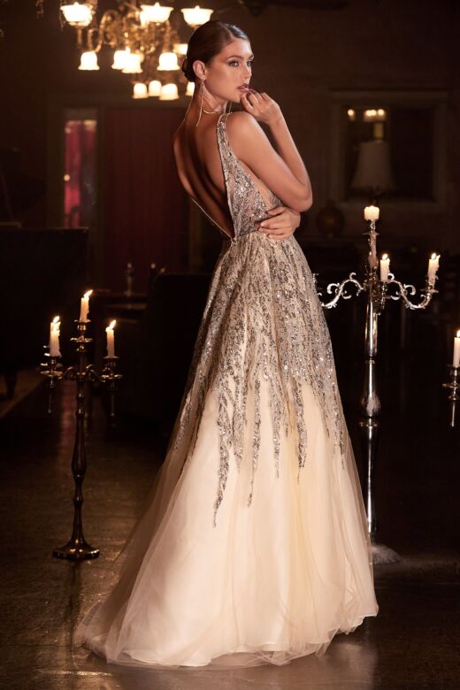 LaDivine C135 Open Back Glitter Dress