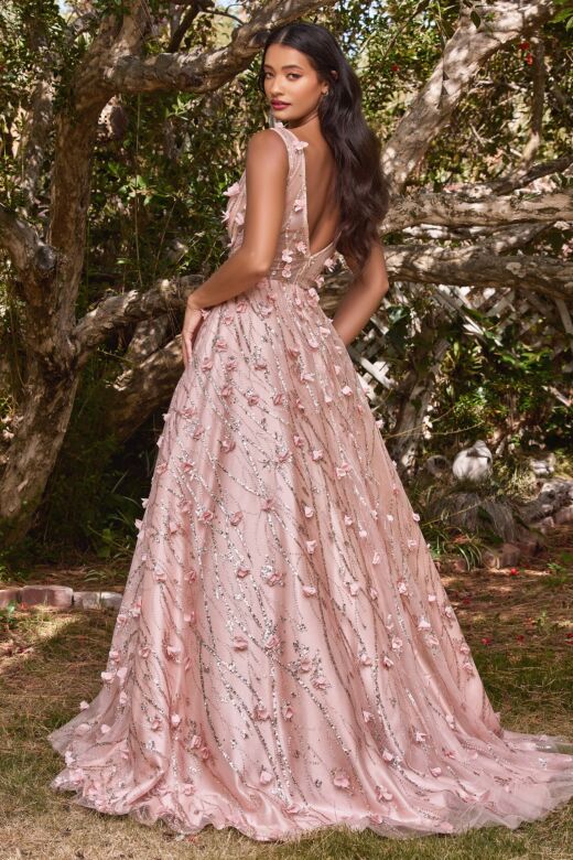 LaDivine CB085 Floral Appliques Plunging Neck Dress