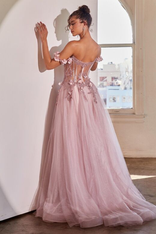LaDivine CB104 Illusion Bodice Off-The-Shoulder Strap Dress