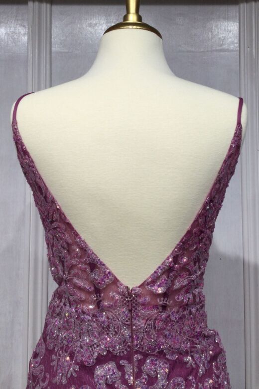 LaDivine CC2189 Plunging Neckline Shimmer Lace Dress
