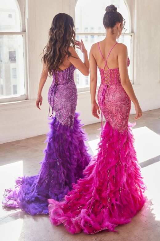 LaDivine CC2308 Feather Skirt Plunging Neck Dress