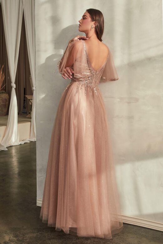 LaDivine CD0175 Butterfly Sleeves V-Neck Dress