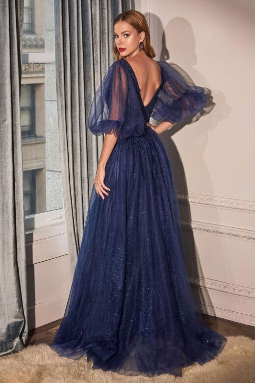 LaDivine CD0182 Balloon Sleeve Beaded Bodice Dress