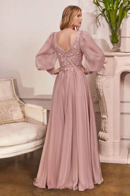 LaDivine CD0183 Embroidered Bodice Bishop Sleeve Dress