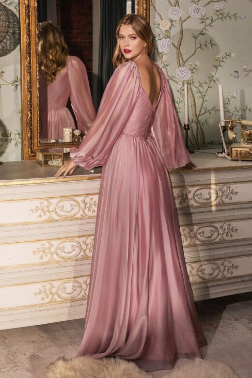 LaDivine CD243 Ruched Bodice Bishop Sleeve Dress