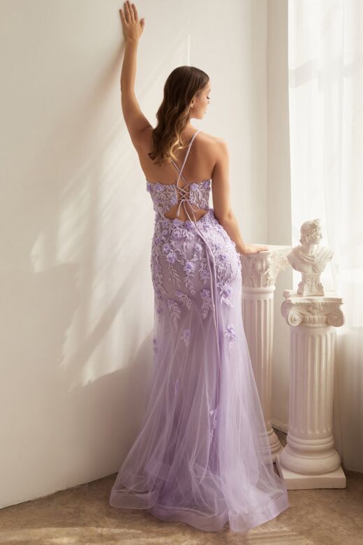 LaDivine CD995 Floral Appliques Lace-Up Dress