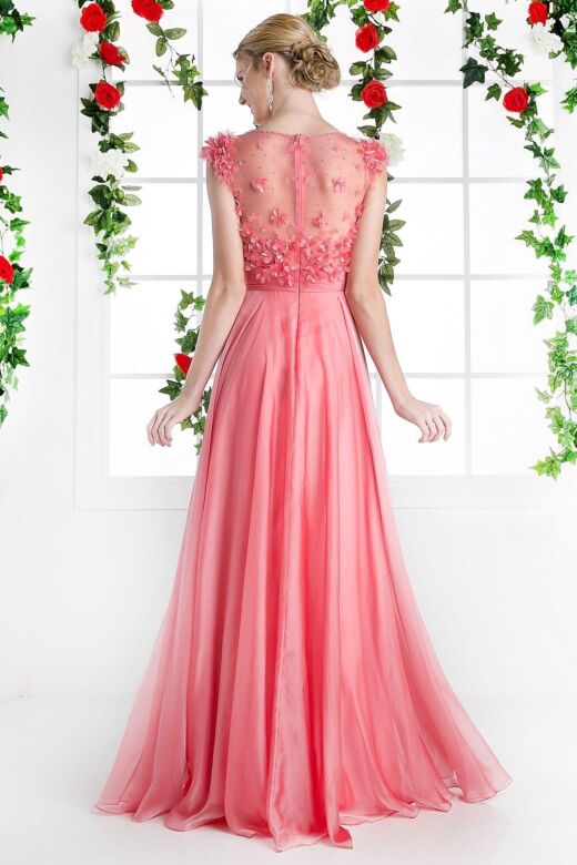 LaDivine CJ218 Cap Sleeve Applique Bodice Dress