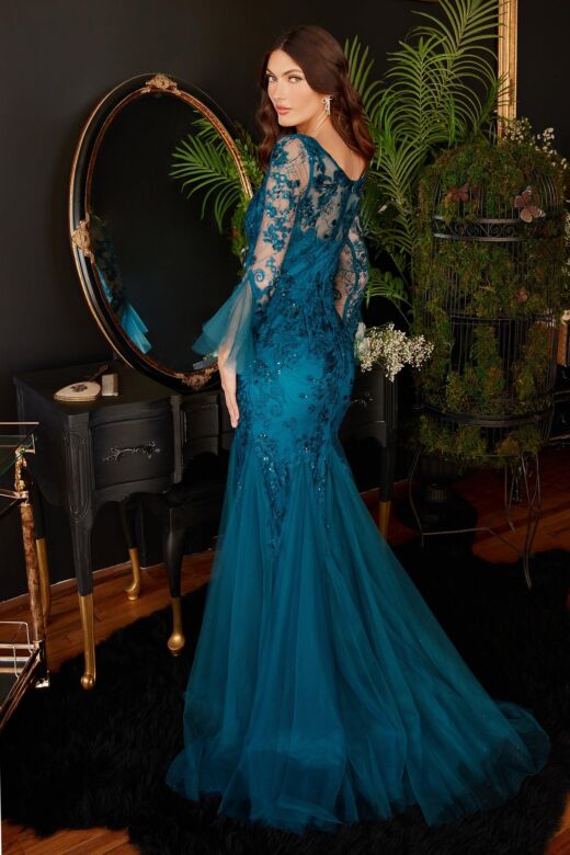LaDivine CM327 Illusion Bell Sleeve Mermaid Dress