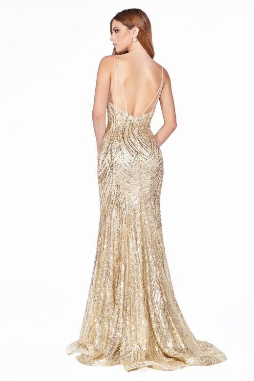 LaDivine CR844 Plunging Neckline Glitter Dress