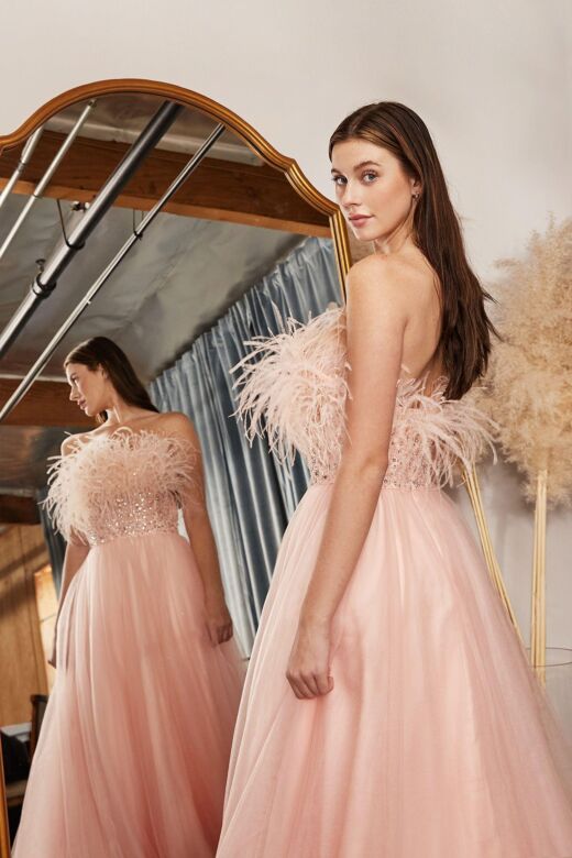 LaDivine CR864 Strapless A-Line Feather Dress
