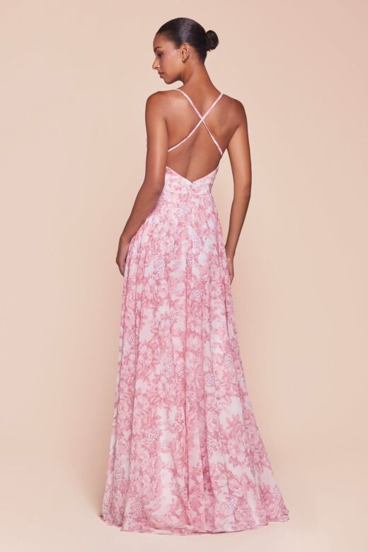 Ladivine 7444 Cowl Neck Crisscross Back Floral Dress