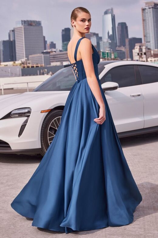 Ladivine 7447 A-Line Satin Corset Bodice V-Neck Dress