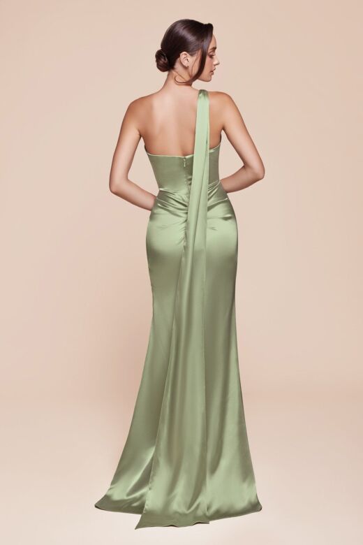 Ladivine 7454 Asymmetric Neck Draped Satin Dress
