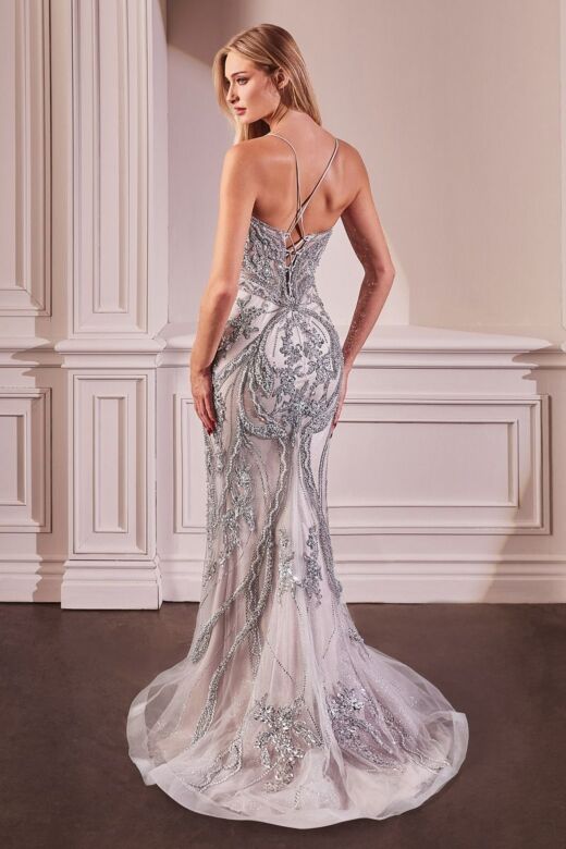 Ladivine CC0240 Plunging Neck Lace-Up Back Beaded Applique Dress