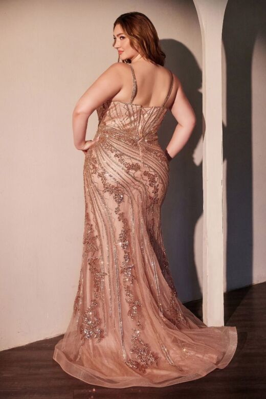 Ladivine CC0389C Beaded Lace V-Neck Plus Size Dress