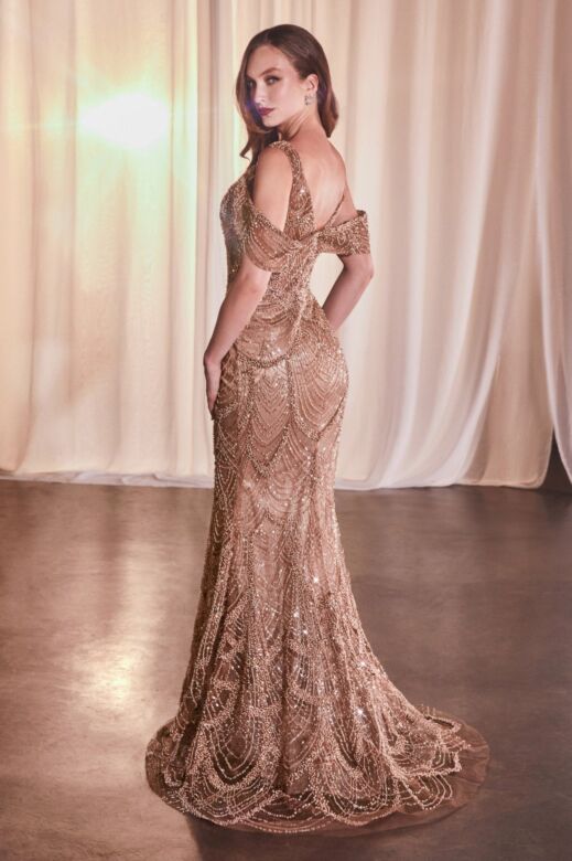 Ladivine CC4020 Sweetheart Neck Cold-Shoulder Beaded Dress