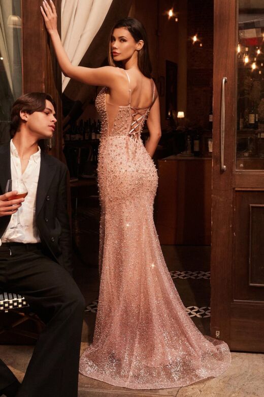 Ladivine CC8801 Pearl Embellished Glitter Corset Dress