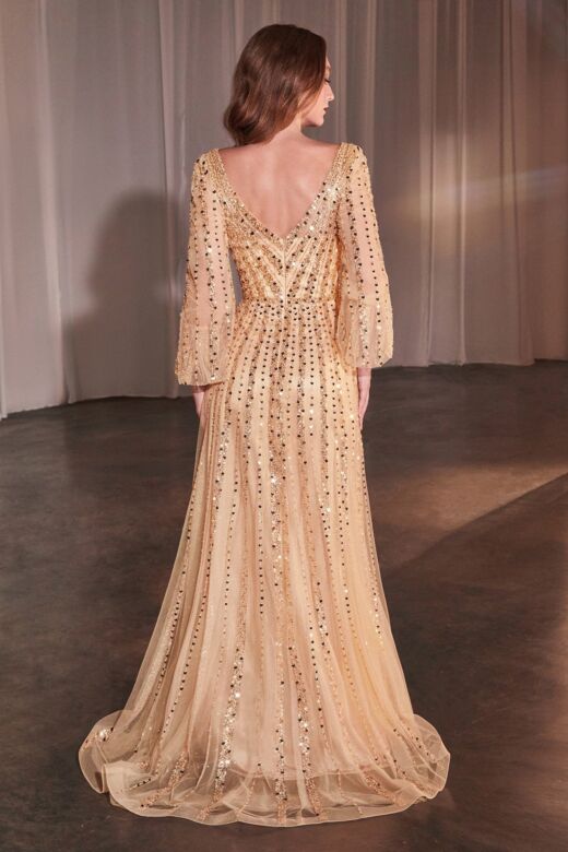 Ladivine CD0240 Bishop Sleeve Beaded A-Line Dress