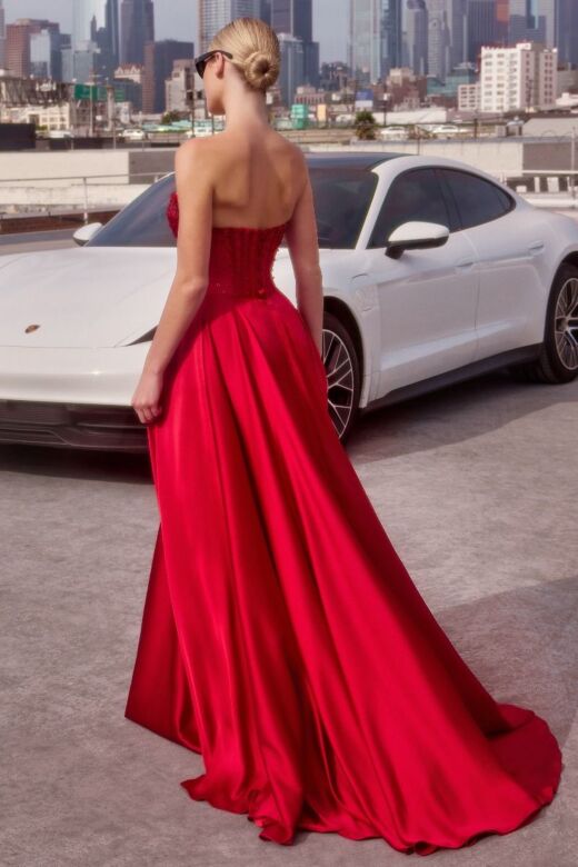 Ladivine CD297 Beaded Sweetheart Neck Off-The-Shoulder Satin Dress