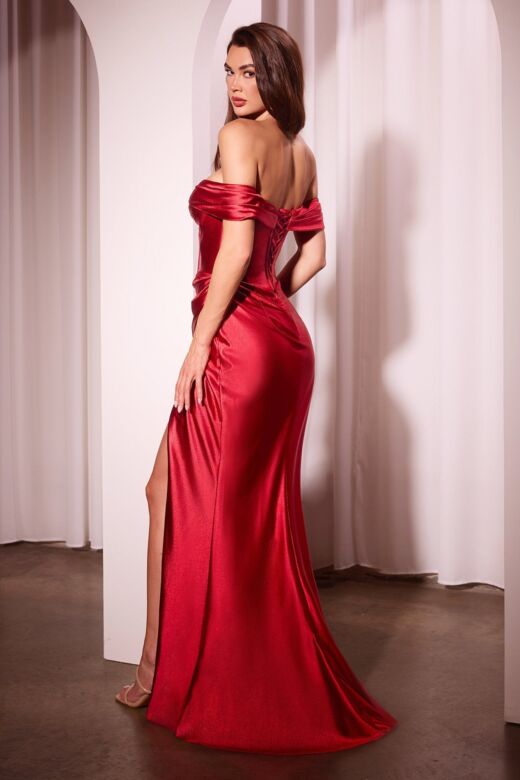Ladivine CD370 Draped Skirt Off-The-Shoulder Satin Dress
