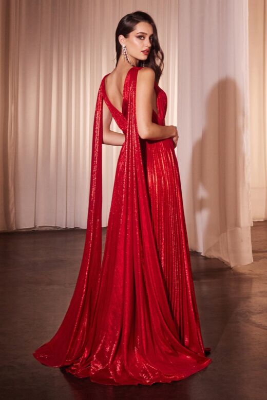 Ladivine CD802 Shoulder Streamer Metallic Pleated A-Line Dress