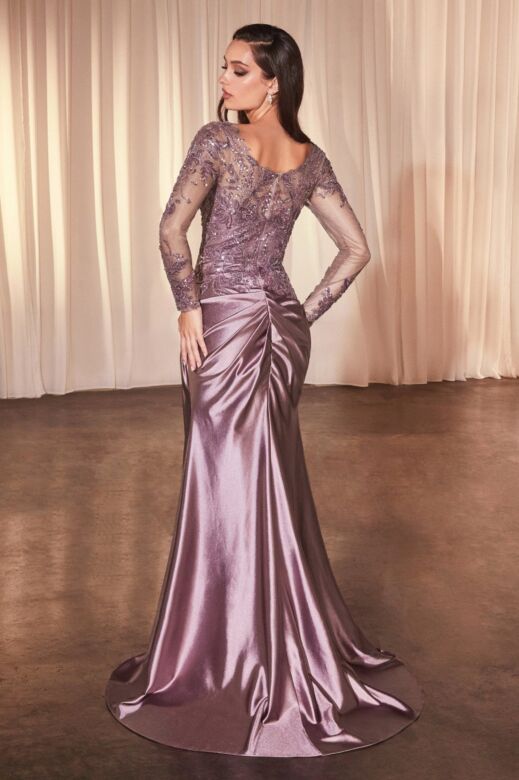 Ladivine CDS505 Illusion Sleeve Scoop Neck Satin Dress