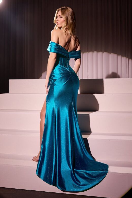 Ladivine KV1115 Pleated Off-The-Shoulder Side Slit Dress